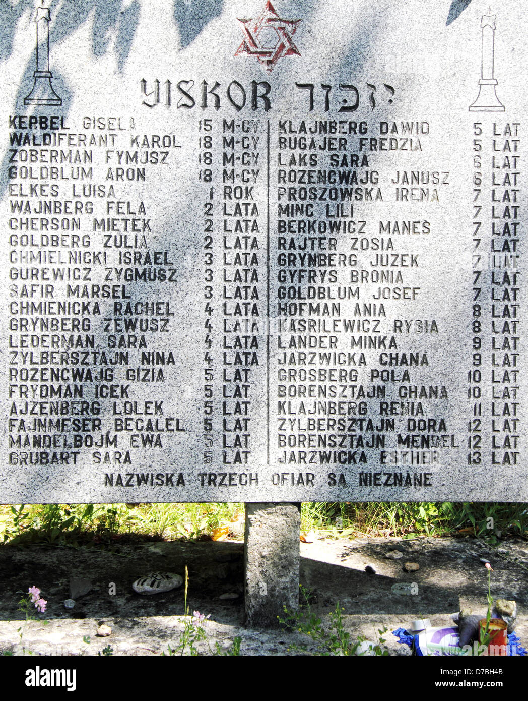 Scheda Memorial recanti i nomi dei bambini presso il sito dove sono stati assassinati dai nazisti a Kielce, Polonia (1943) Foto Stock
