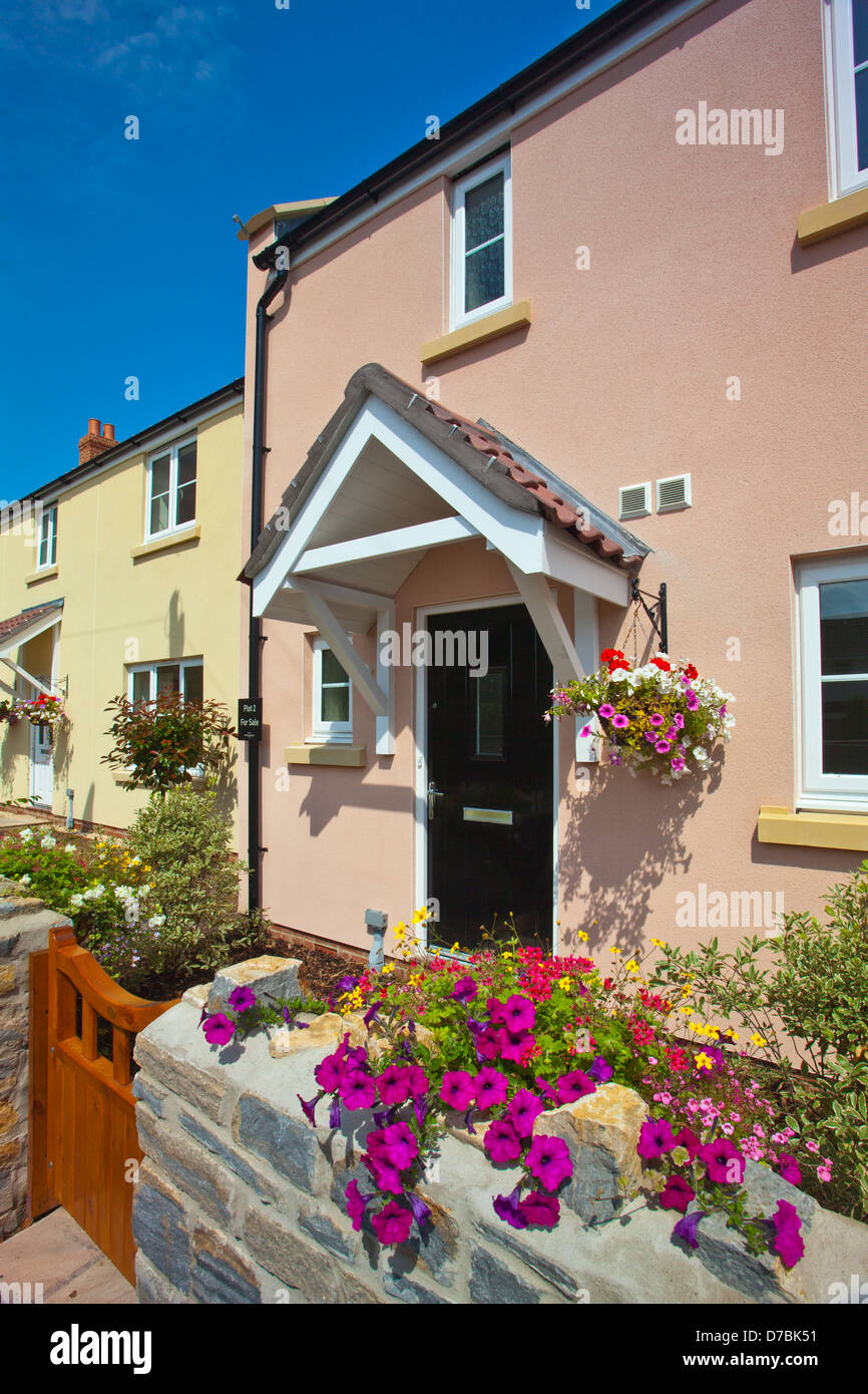 Un podere di nuova costruzione di case in stile e colori del tradizionale villaggio cottages. Cossington, Somerset, Inghilterra, Regno Unito Foto Stock