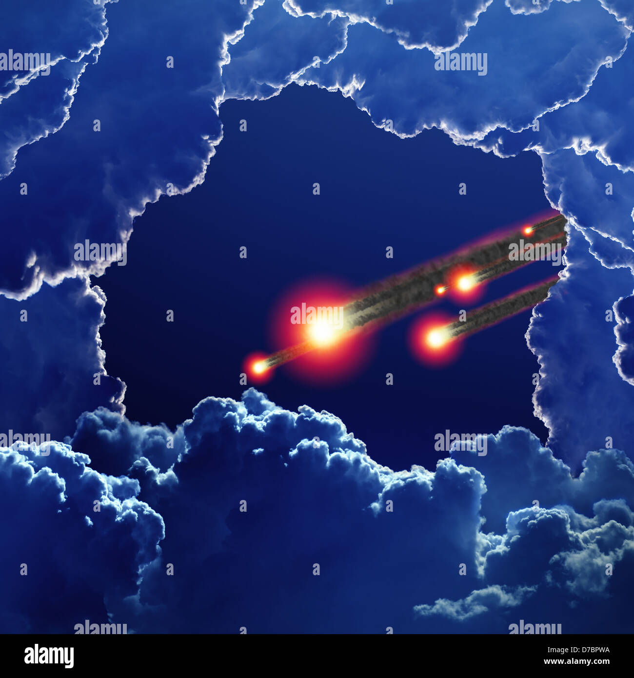 Abstract background scientifico - asteroide, meteorite impatto, scuro cielo blu con nuvole Foto Stock