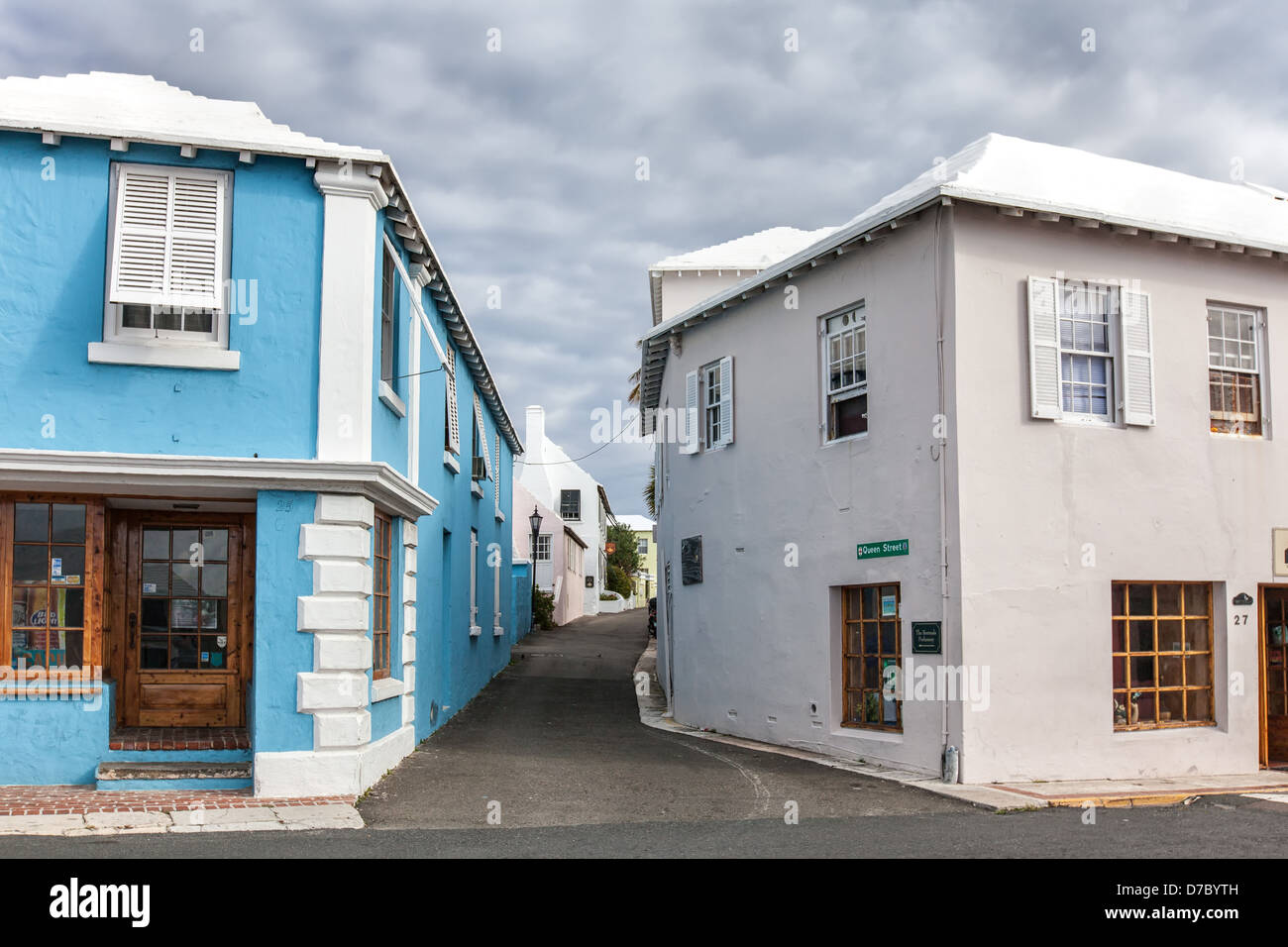 Edifici e strade laterali nella città di San George, Bermuda. Foto Stock