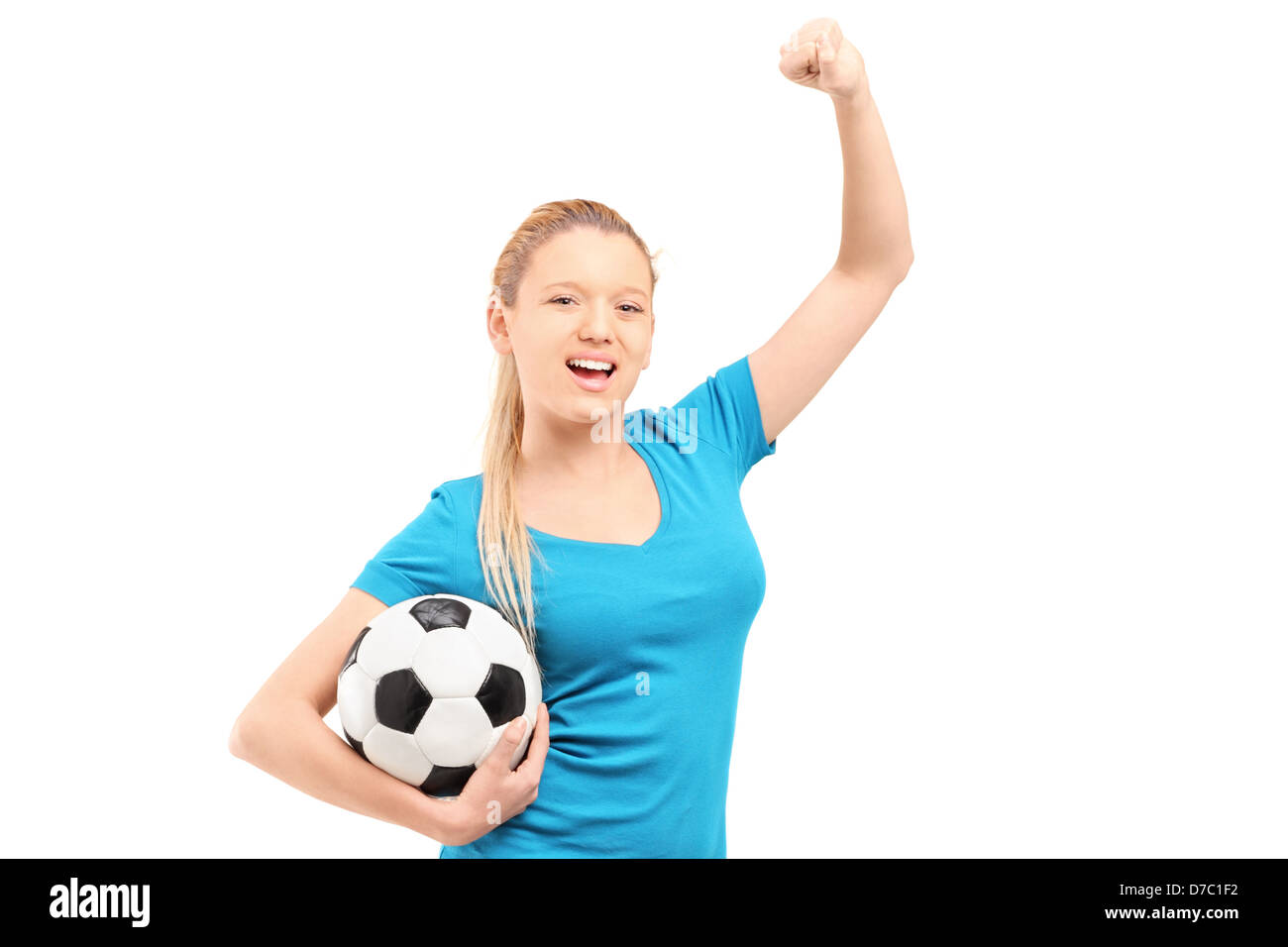 Una femmina di Felice Tiene il calcio e il tifo isolati su sfondo bianco Foto Stock