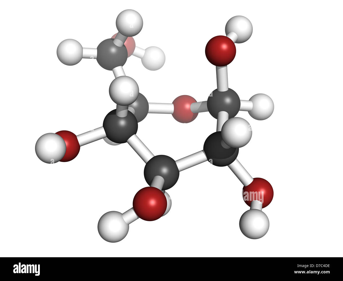 Glucosio (beta-D-glucosio, zucchero d'uva, destrosio) molecola, struttura chimica. Gli atomi sono rappresentati come sfere Foto Stock