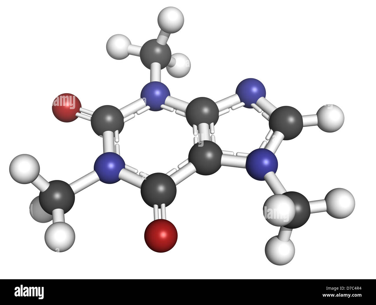 La caffeina, modello molecolare. Gli atomi sono rappresentati come sfere. Foto Stock