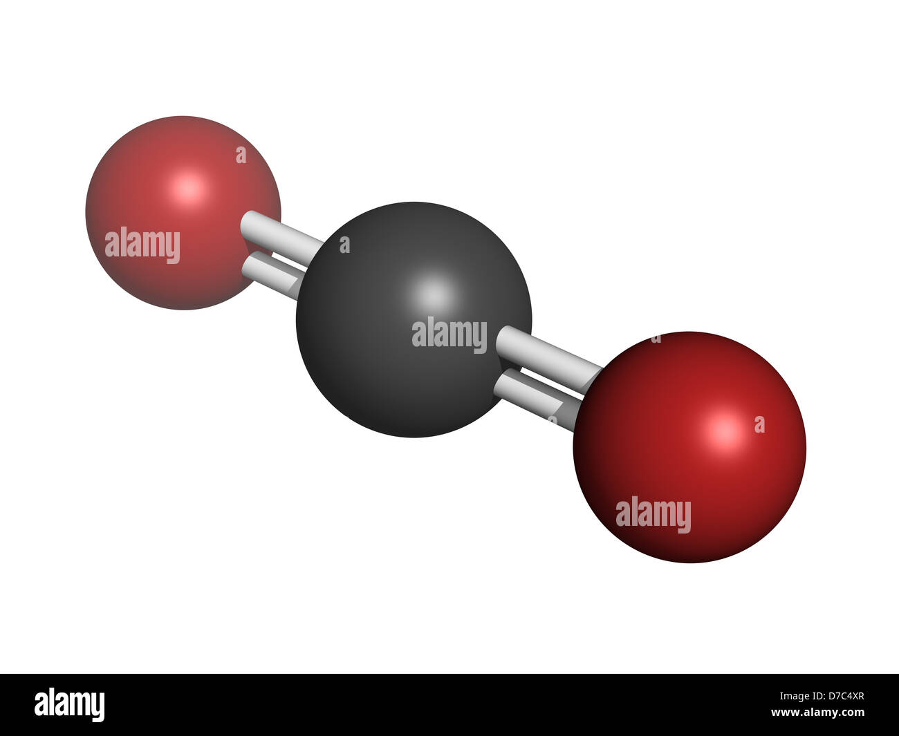Il biossido di carbonio (CO2) di gas ad effetto serra molecola, struttura chimica. Gli atomi sono rappresentati come sfere con convenzionale codice colore Foto Stock