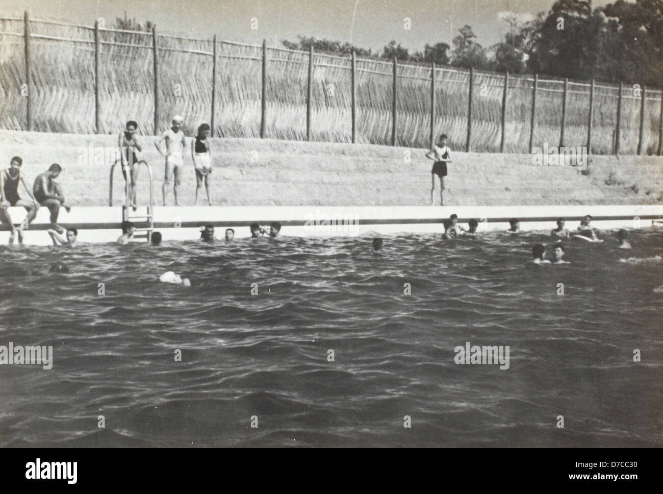 Un gruppo di nuotatori viene catturato in questa immagine, mostrando l'attività e la natura competitiva dello sport. Il nuoto è stato un'attività ricreativa e competitiva popolare per secoli, che richiede abilità e allenamento per gli atleti. Foto Stock