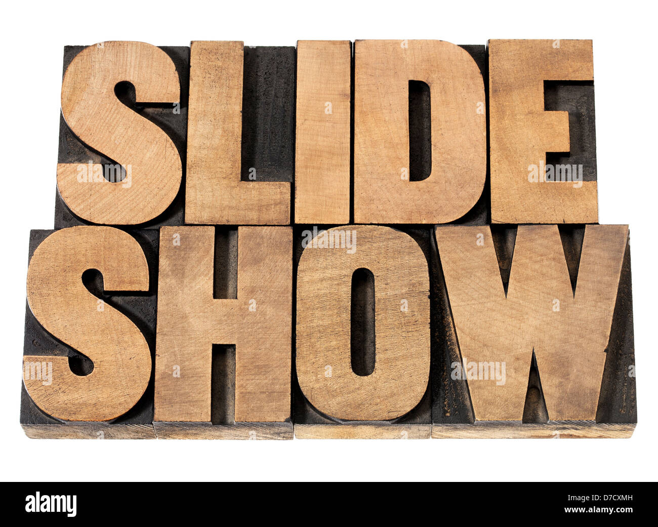 Slide show - Presentazione - Nozione - testo isolato in rilievografia vintage tipo legno blocchi di stampa Foto Stock