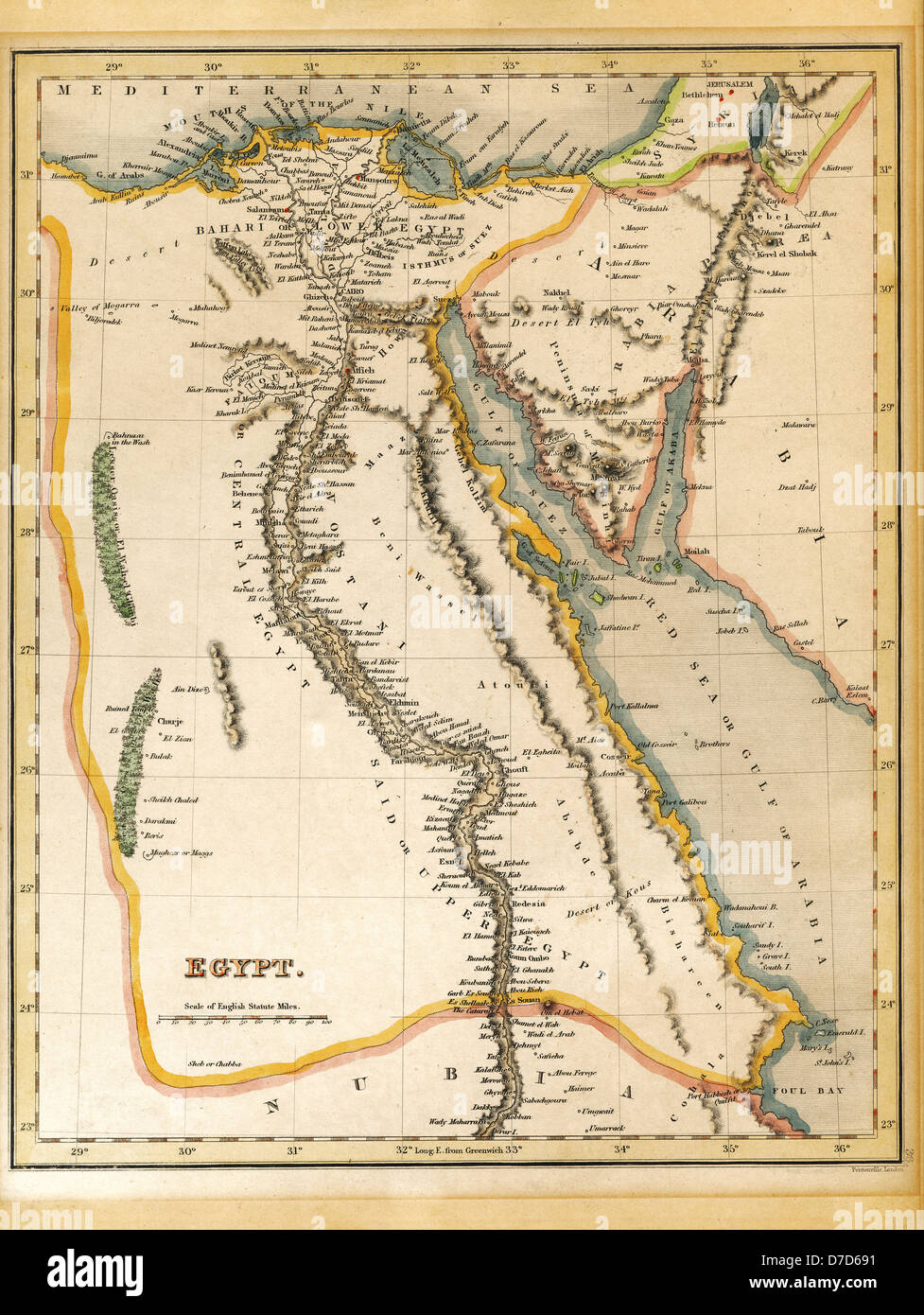 Un vecchio del XIX secolo incisa mappa stampata in Inghilterra nel 1845 raffiguranti Egitto (Gerusalemme nel nord fino al confine della Nubia nel sud. Foto Stock
