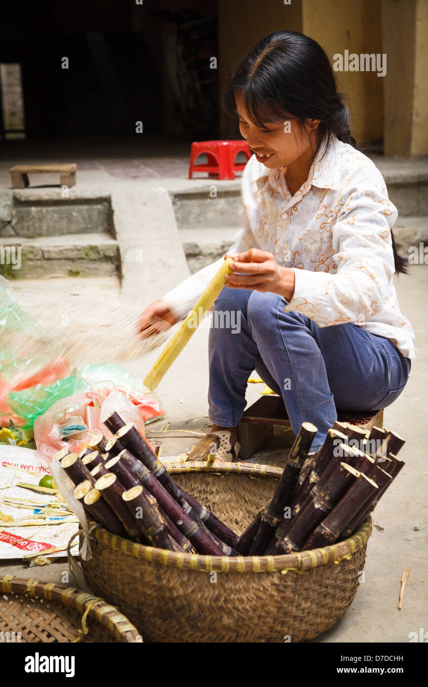 Una femmina di venditore ambulante di vendita bamboo fresco e mango in Hanoi, Vietnam Foto Stock