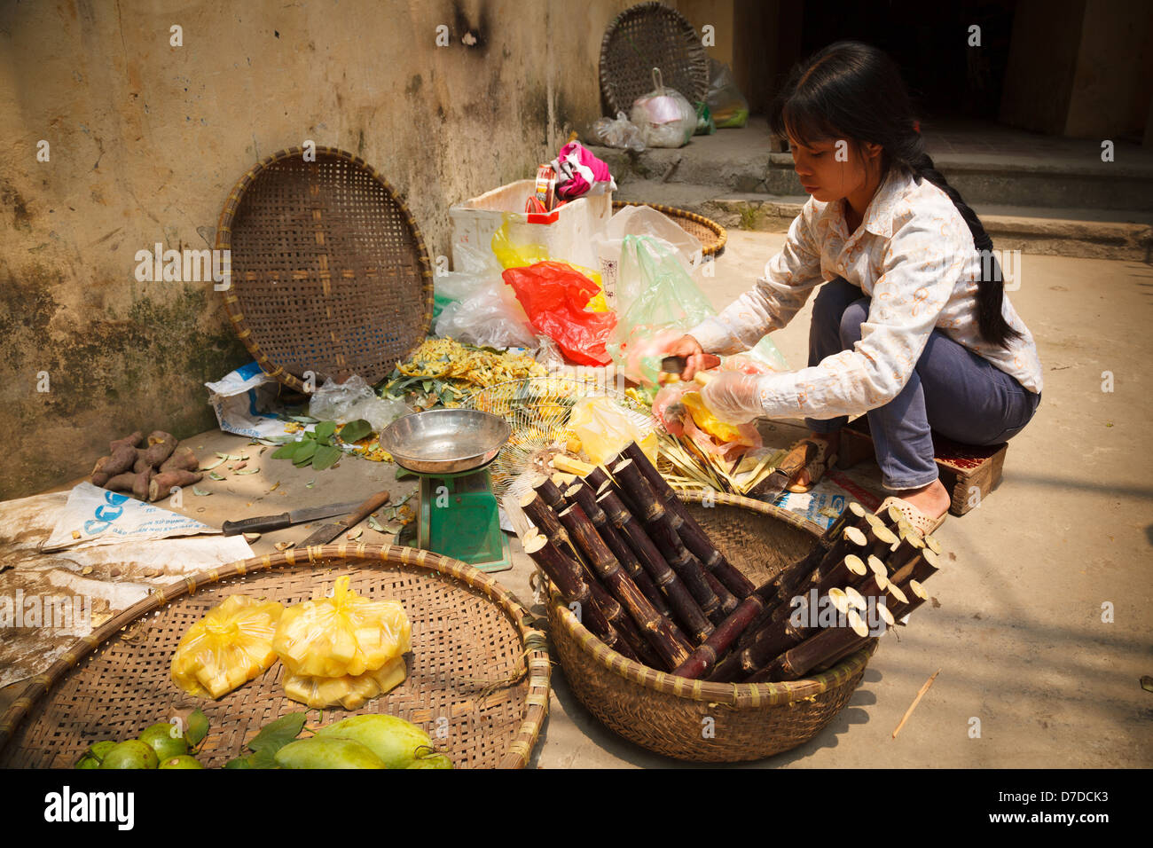 Una femmina di venditore ambulante di vendita bambù fresco in Hanoi, Vietnam Foto Stock