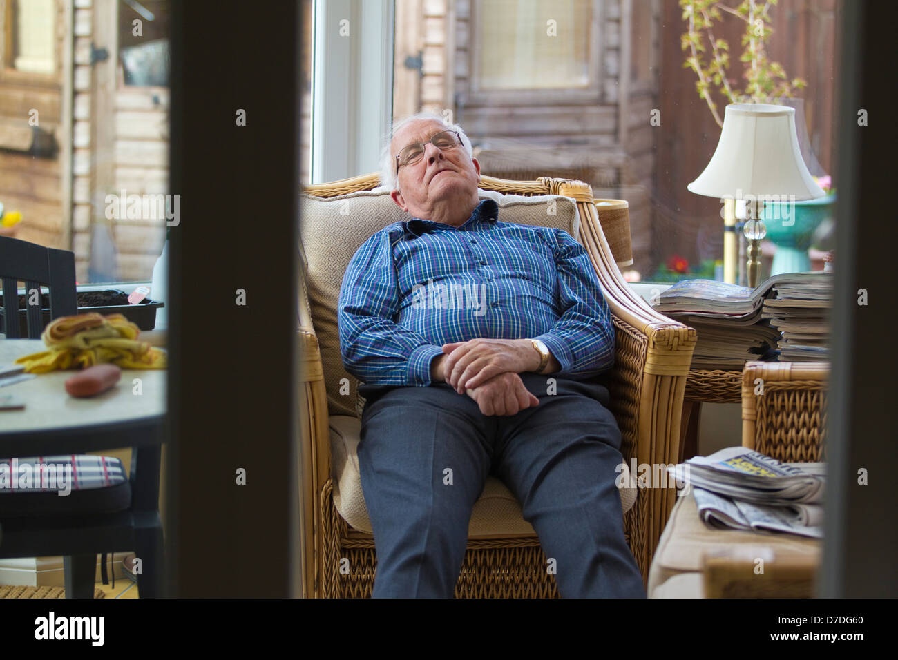 80 anno vecchio snoozing nel suo Conservatorio durante il pomeriggio, England, Regno Unito Foto Stock