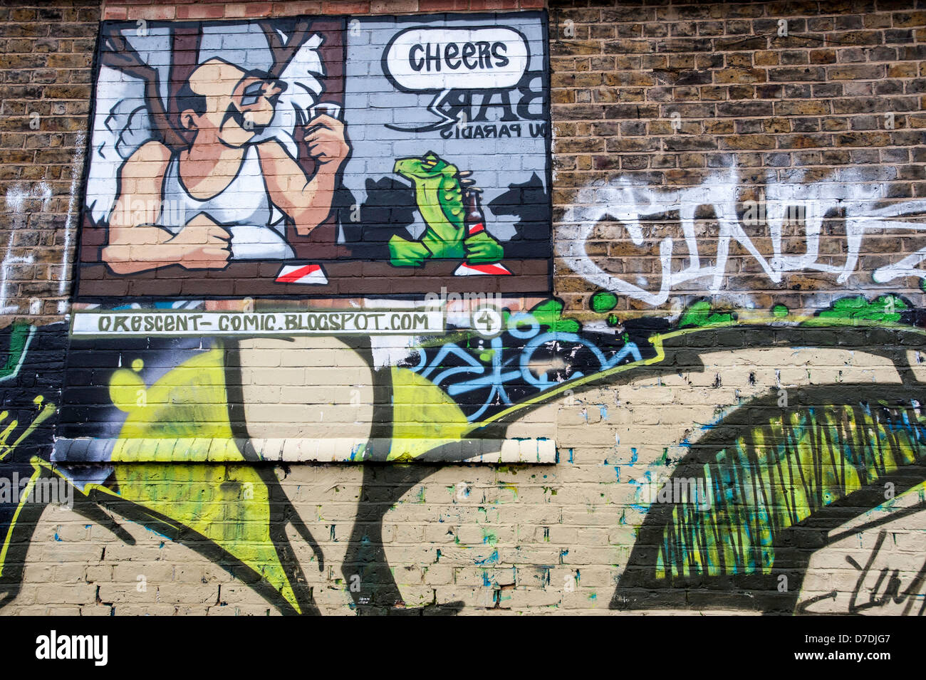 Graffiti sul muro, Hackney Wick, London, Regno Unito Foto Stock