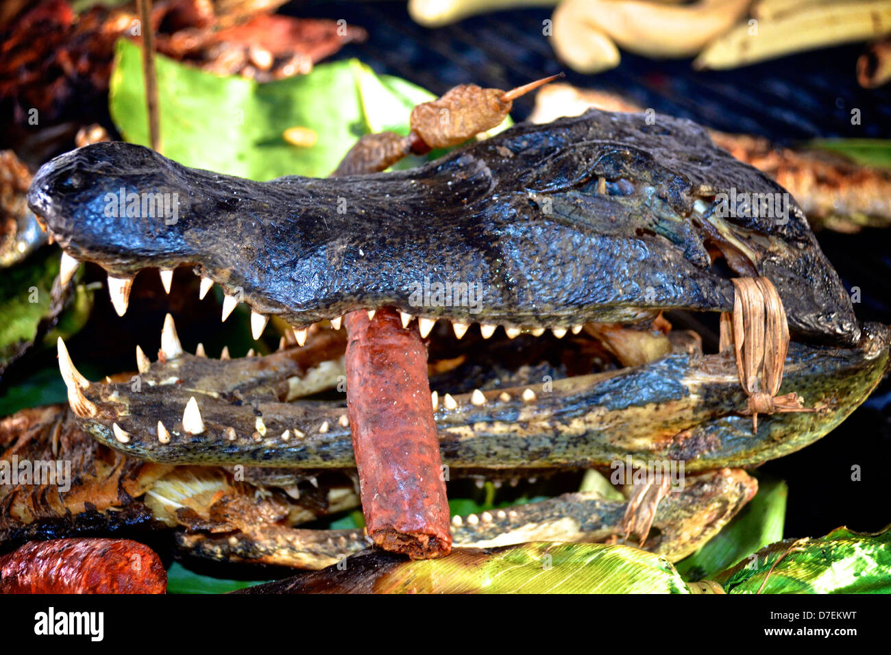 Una testa di Cayman è servita come cibo di strada su un mercato nella foresta amazzonica. Iquitos, Perù Foto Stock