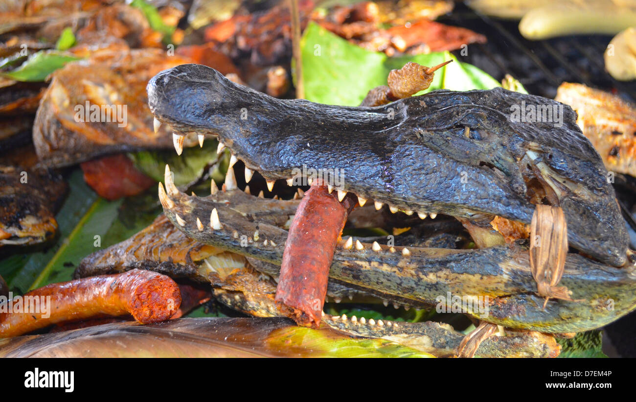 Una testa di Cayman è servita come cibo di strada su un mercato nella foresta amazzonica. Iquitos, Perù Foto Stock