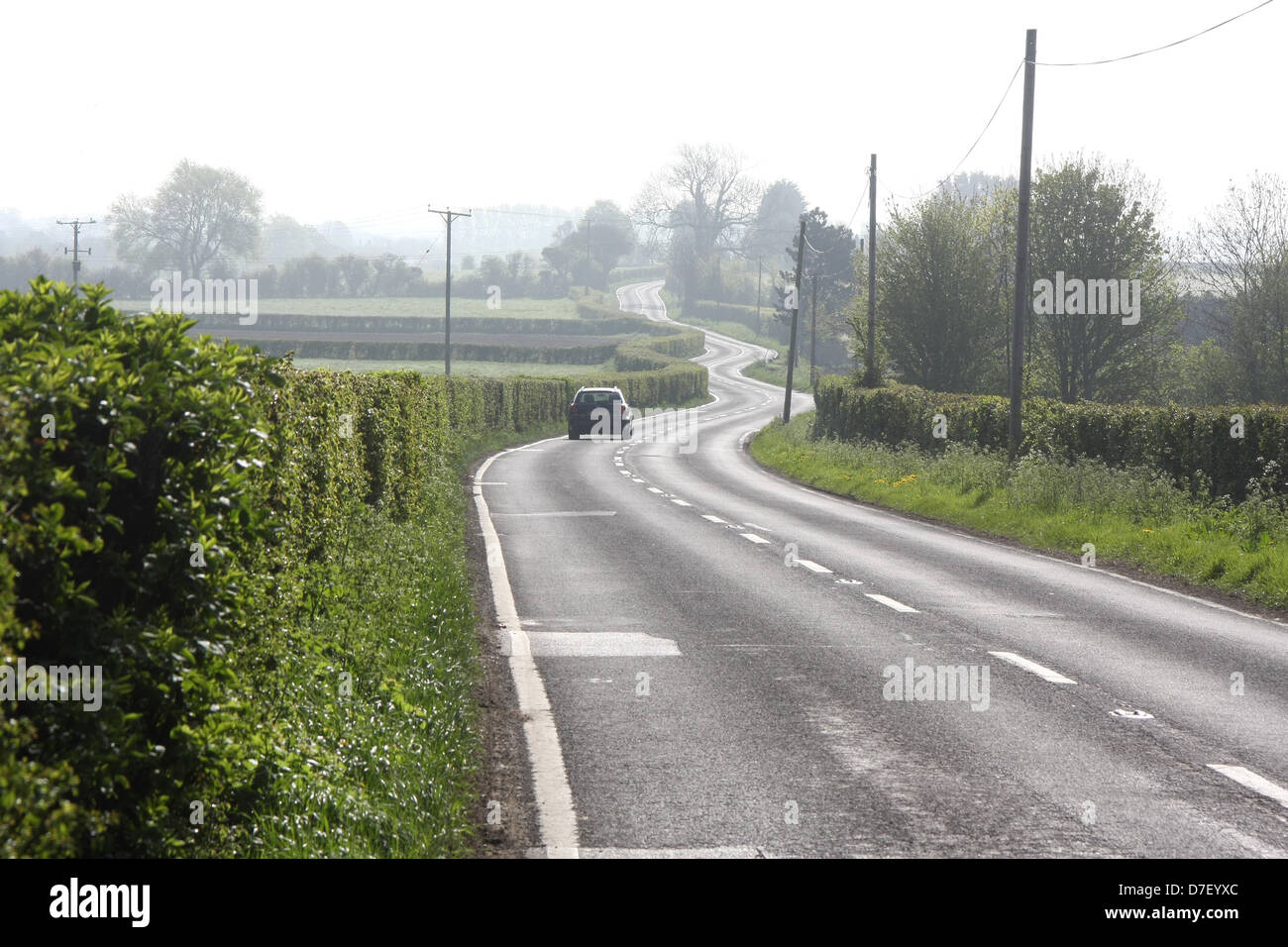 La mattina presto strada tortuosa, senza traffico, tra marchio e Wedmore, Maggio 2013 Foto Stock