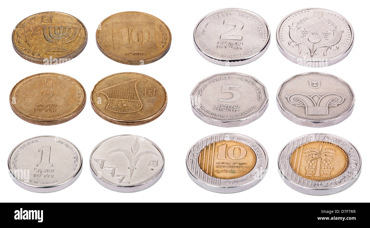 Entrambi i lati delle monete israeliane isolati su sfondo bianco. Valori: 10 Agorot; mezzo siclo (50 Agorot); 1 siclo; 2 sicli Foto Stock