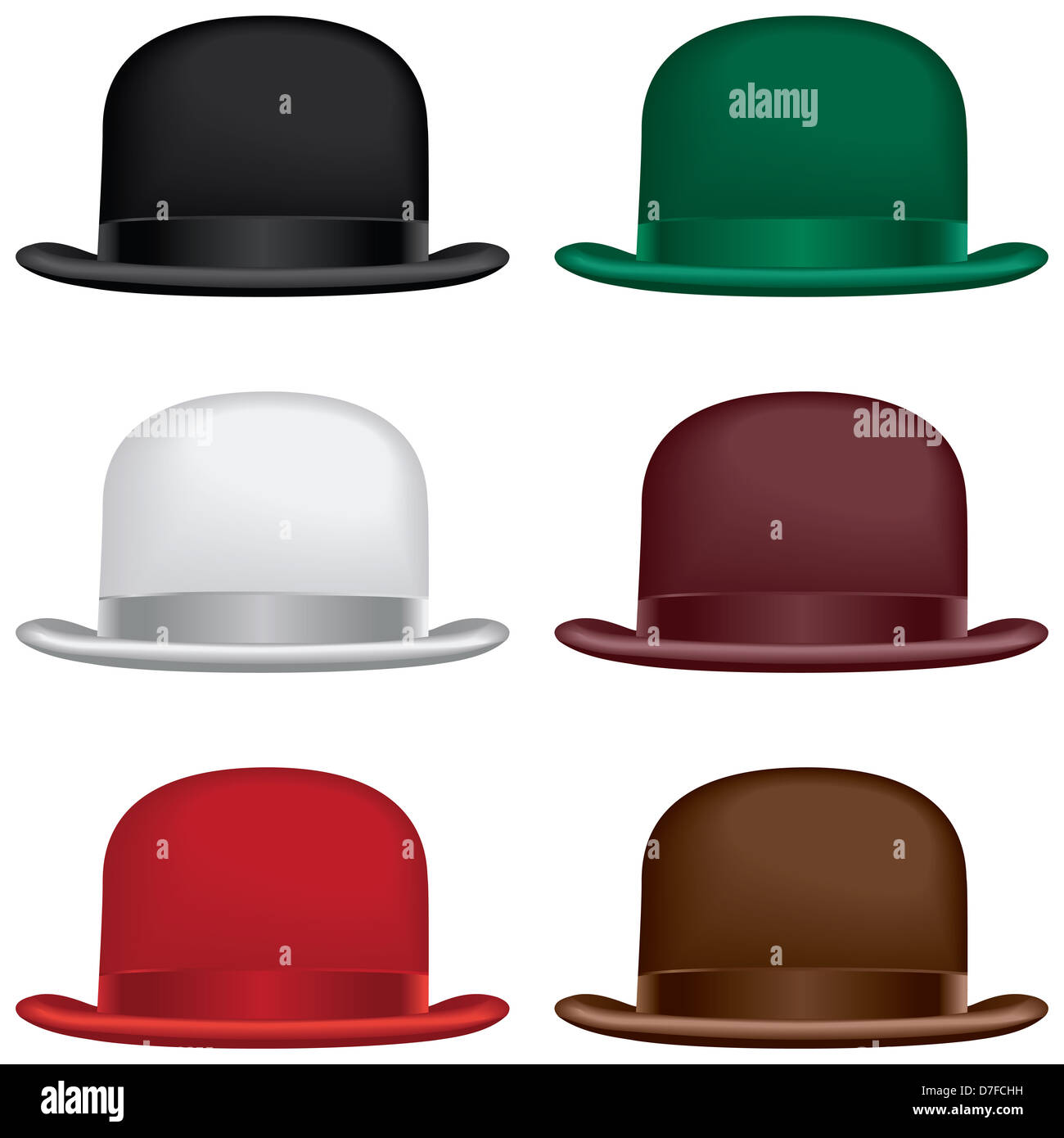 Un bowler o derby hat selezione in nero, grigio, rosso, verde, borgogna e colori marrone. Foto Stock