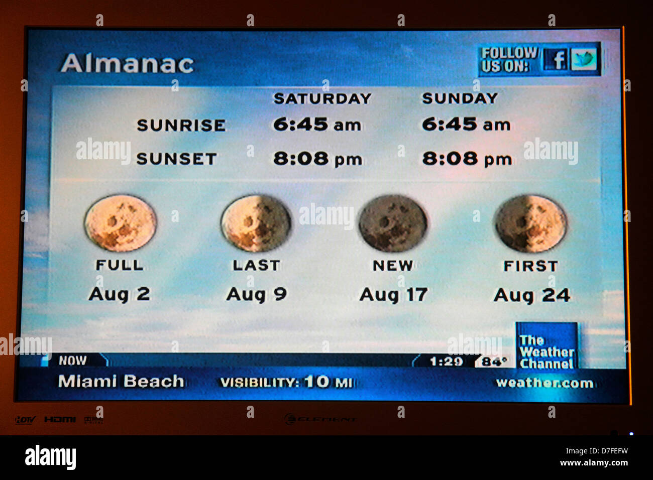 Miami Beach Florida,televisione,set,TV,schermo piatto,monitor,cavo,The Weather Channel,alba,tramonto,almanac,fasi lunari,Seguici su facebook,visitatori Foto Stock