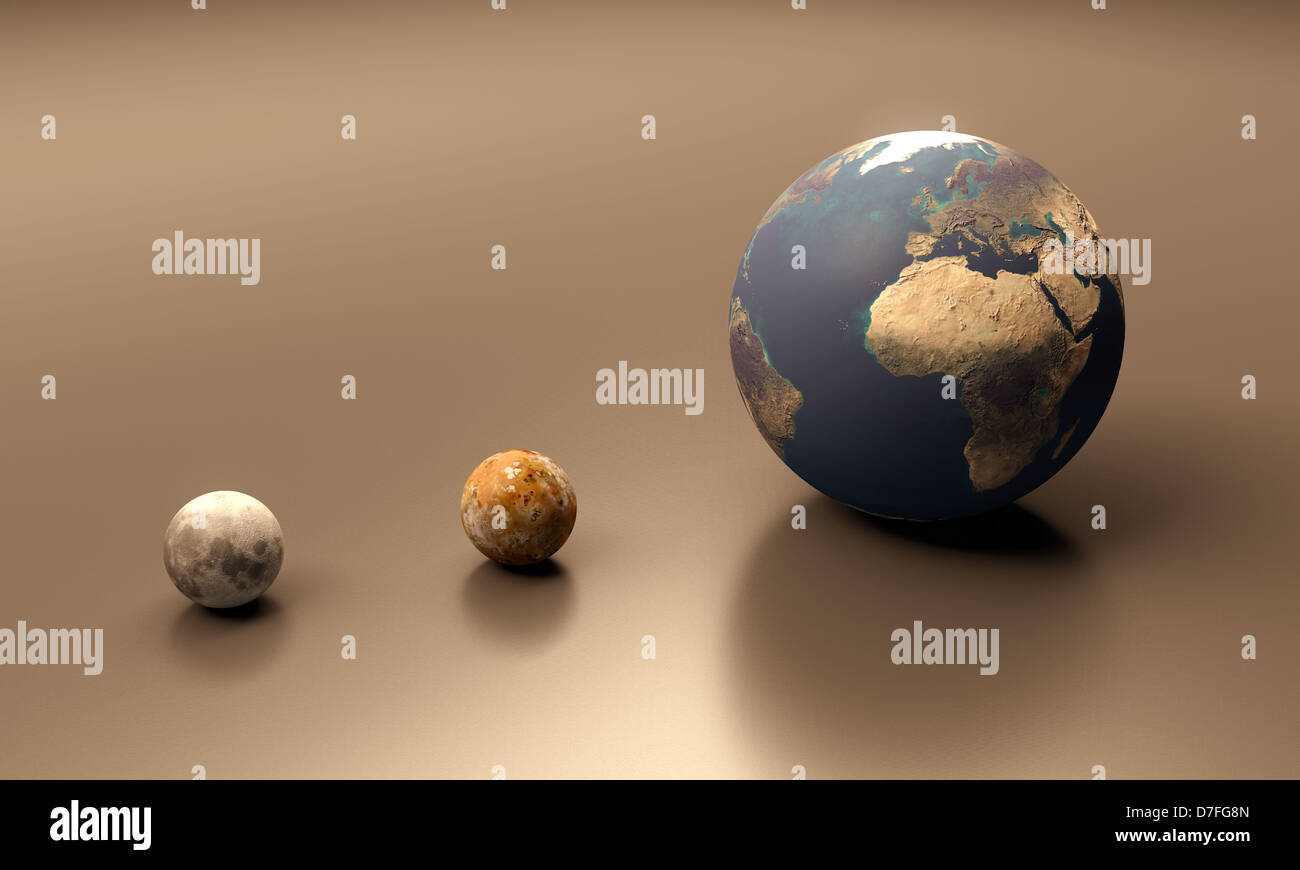 Un reso il confronto delle dimensioni della luna di Giove Io la luna e il  pianeta Terra Foto stock - Alamy