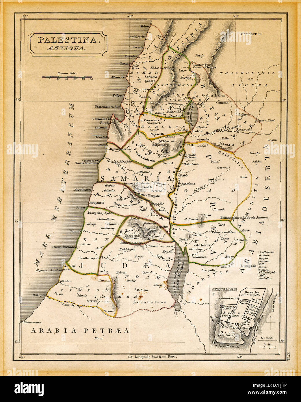 Un vecchio del XIX secolo incisa mappa stampata in Inghilterra nel 1845 raffiguranti antica Palestina ("Antiqua Palestina' come è scritto su Foto Stock