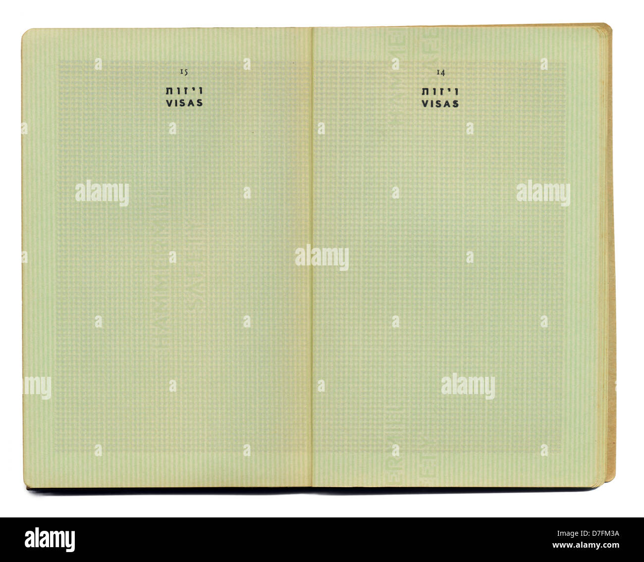 Pagine vuote 14-15 pre-Israele vintage palestinese passaporto rilasciato nel 1946 a volte quando British impero governato area. Buona come Foto Stock