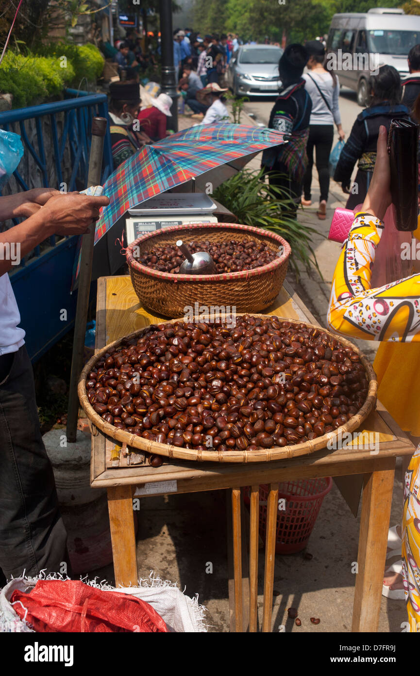 Sapa regione nord-est Vietnam - Street bancarella vendendo le castagne Foto Stock