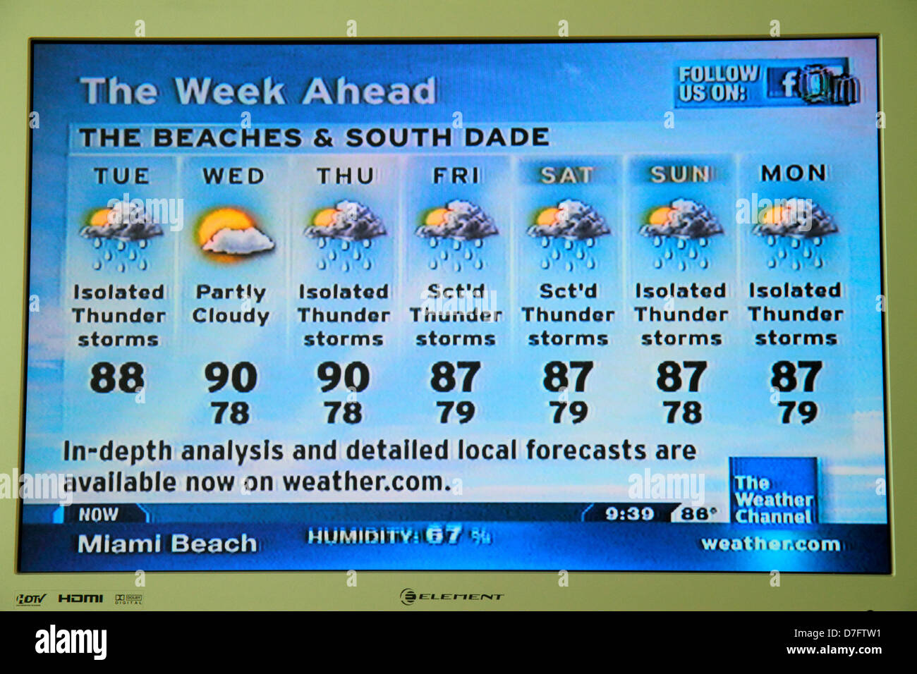 Miami Beach Florida,TV,televisione,set,schermo,schermo piatto,HDTV,monitor,The Weather Channel,sito weather.com,website,web,locale,previsioni,visitatori viaggio t Foto Stock