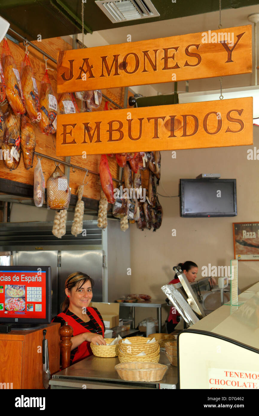 Miami Florida,Coral Gables,Delicias de Espana,ristorante ristoranti ristoranti cibo caffè, spagnolo,cibo,prosciutto,salumi,jamones,embutidos,FL120905012 Foto Stock
