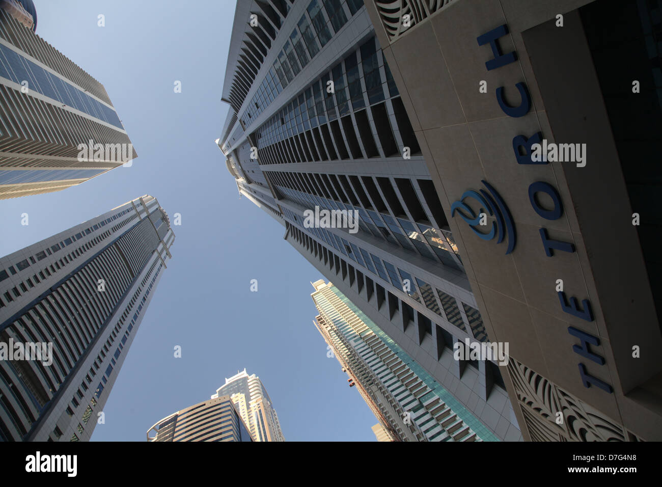 Dubai Marina grattacieli Hi Tech Skyline di edifici Foto Stock