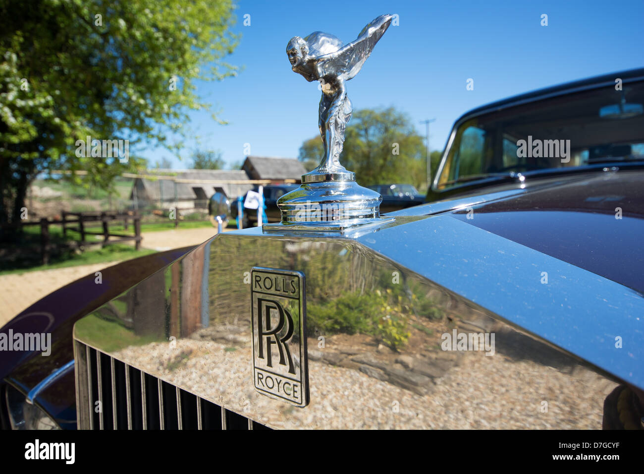 Il spirito alato di Ecstasy figura e Rolls Royce monogramma sul cofano del motore di un classico Rolls Royce auto. Regno Unito, 2013. Foto Stock