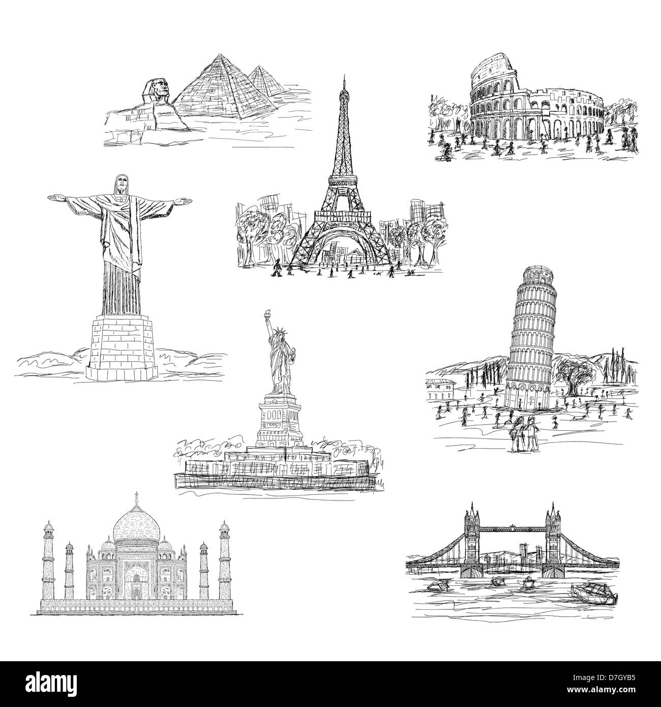 Illustrazione dei mondi famosi punti di riferimento turistici di destinazioni di viaggio isolato in uno sfondo bianco. Foto Stock