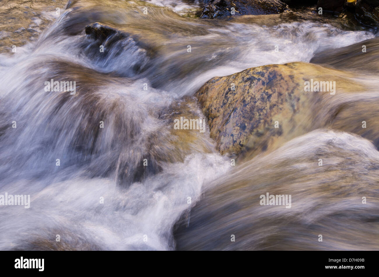 Silky acqua che scorre sulle rocce in un piccolo ruscello Foto Stock