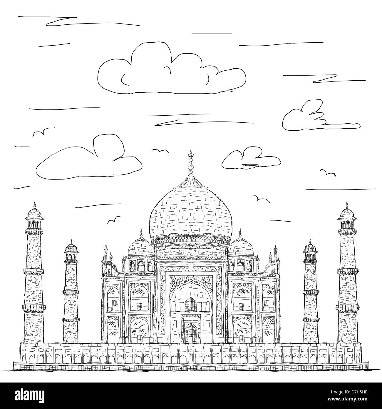 Disegnata a mano illustrazione della famosa destinazione turistica Taj Mahal di India. Foto Stock