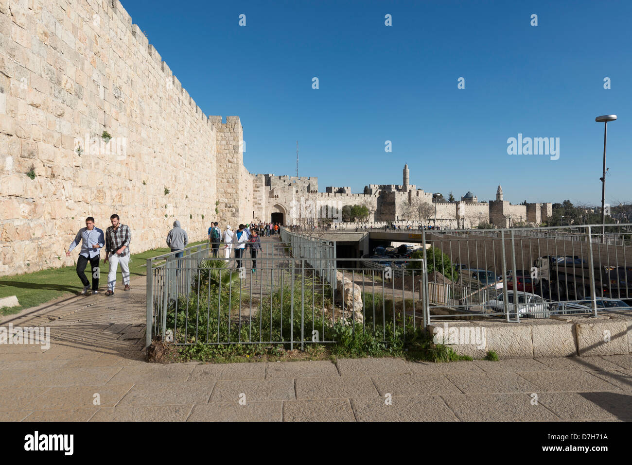 La Porta di Jaffa in le vecchie mura della città di Gerusalemme, Israele Foto Stock