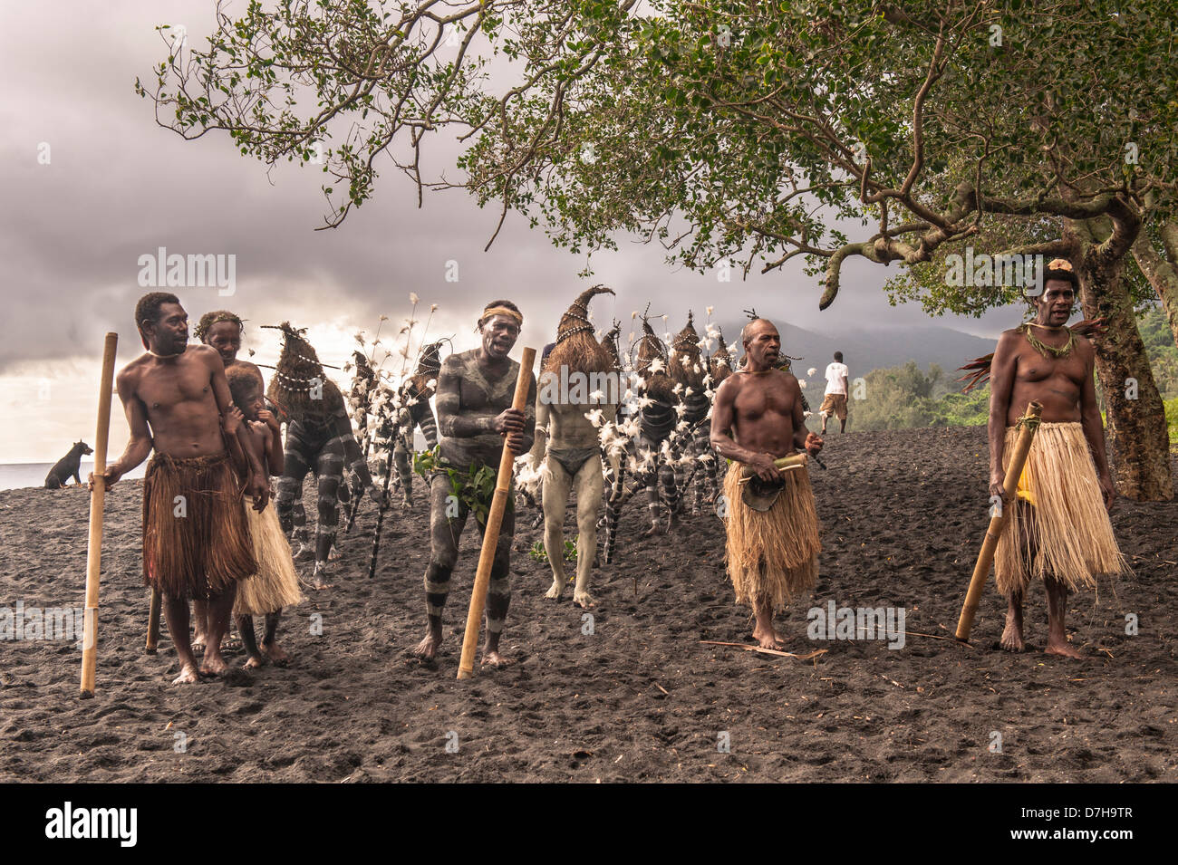 Corpi verniciati per apparire come serpenti di mare, snake ballerini arriva per il festival annuale della cultura tradizionale nelle banche Isole Vanuatu settentrionale Foto Stock