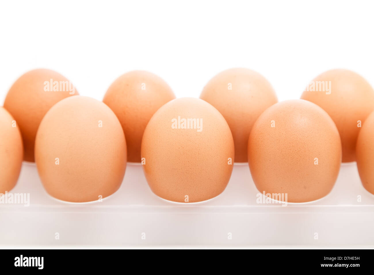 Le uova nel vassoio di plastica isolate su sfondo bianco Foto Stock