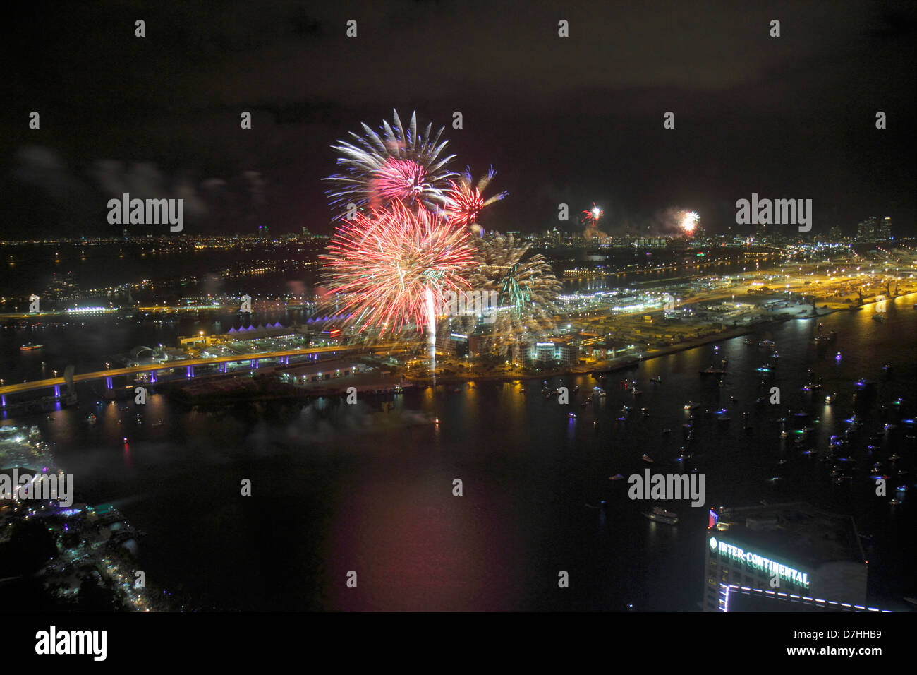 Miami Florida, Capodanno, fuochi d'artificio, celebrazione, Port Boulevard Bridge, vista aerea dall'alto, vista, dal Southeast Financial Center, centro, s Foto Stock