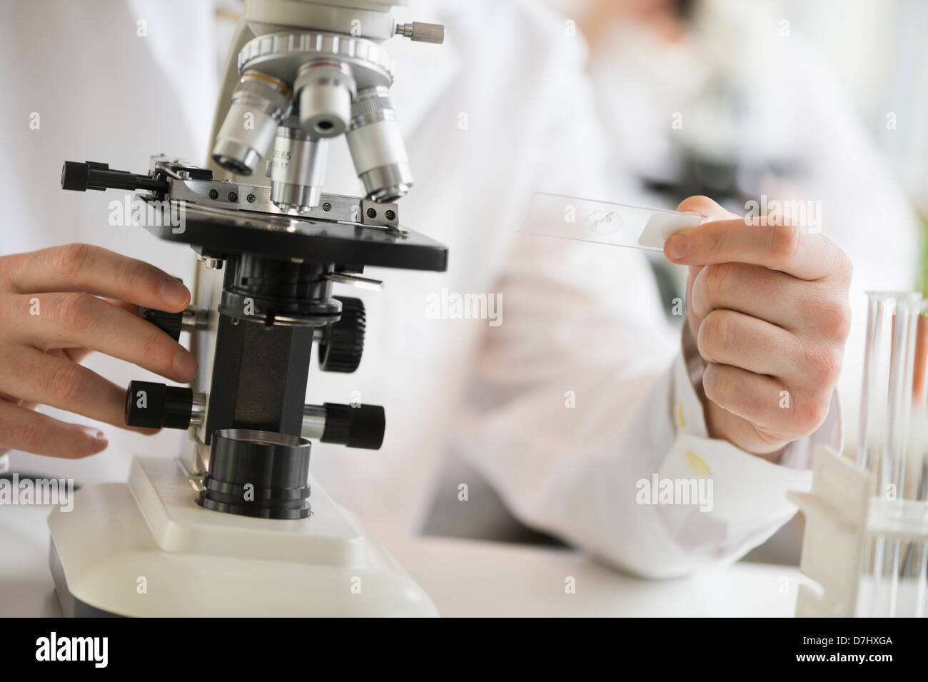 Close-up di scienziato facendo ricerche su microscopi Foto Stock