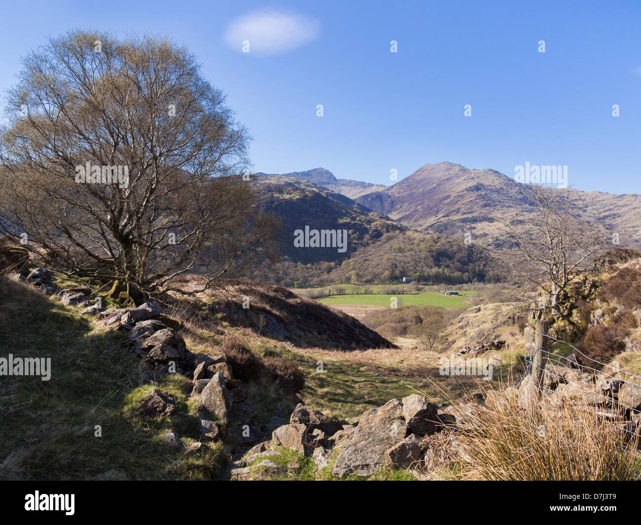 Parco Nazionale di Snowdonia paesaggio con vista distante di Snowdon attraverso Nant Gwynant valley. Gwynedd, Galles del Nord, Regno Unito Foto Stock