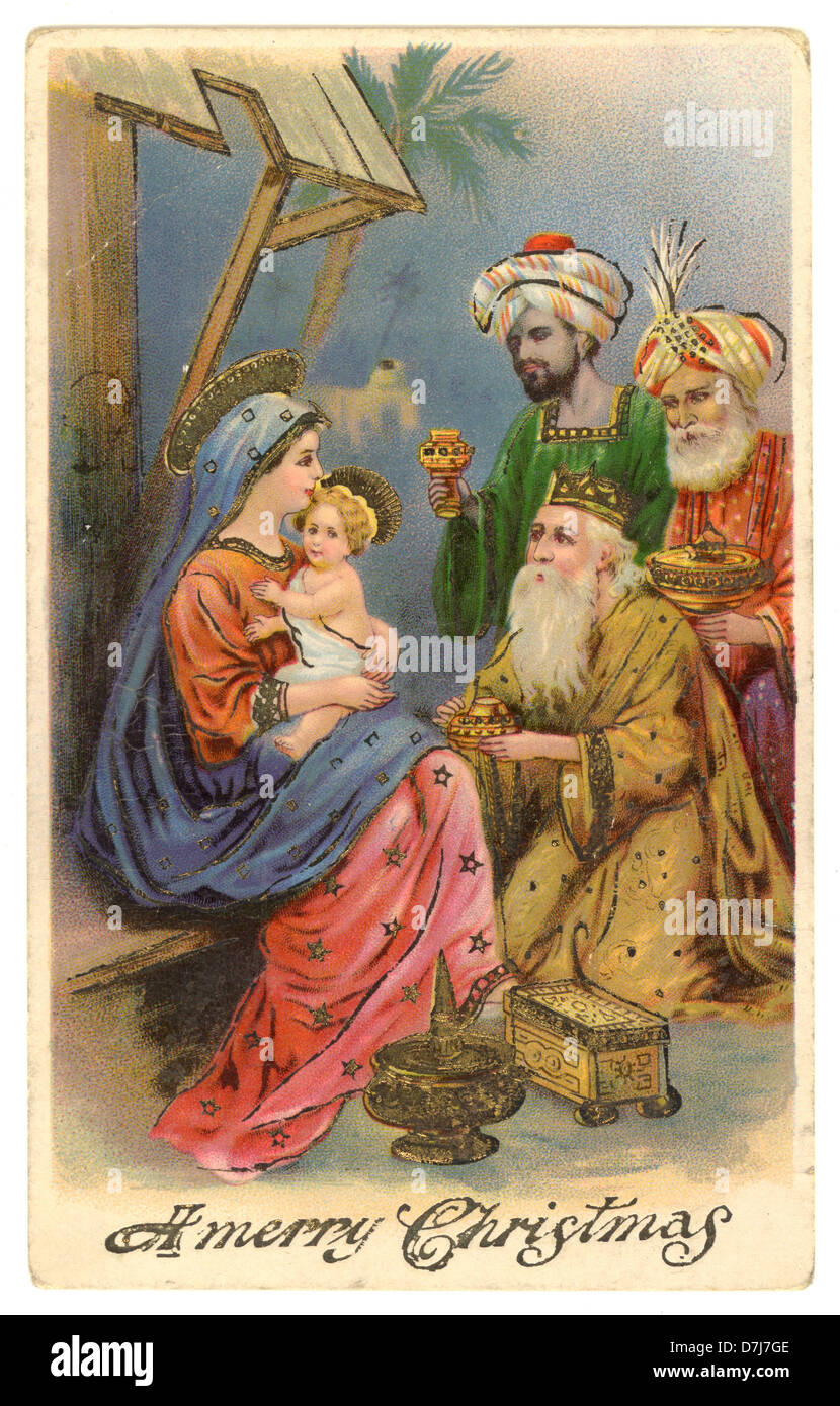 Vintage inizio del 1900's illustrazione di cartolina di Natale con i tre Re circa 1905 Foto Stock