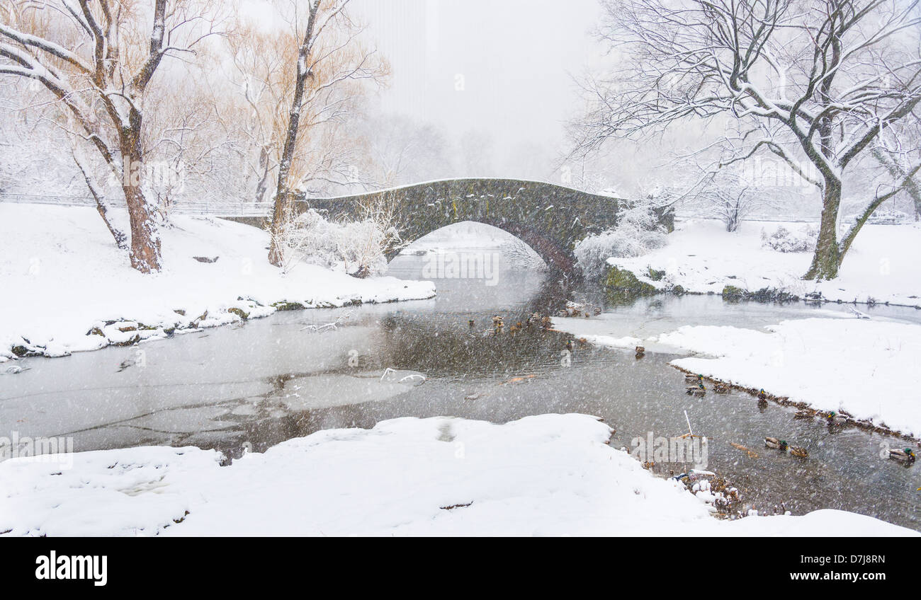 Stati Uniti d'America, New York New York City Central Park, Gapstow Bridge in inverno Foto Stock