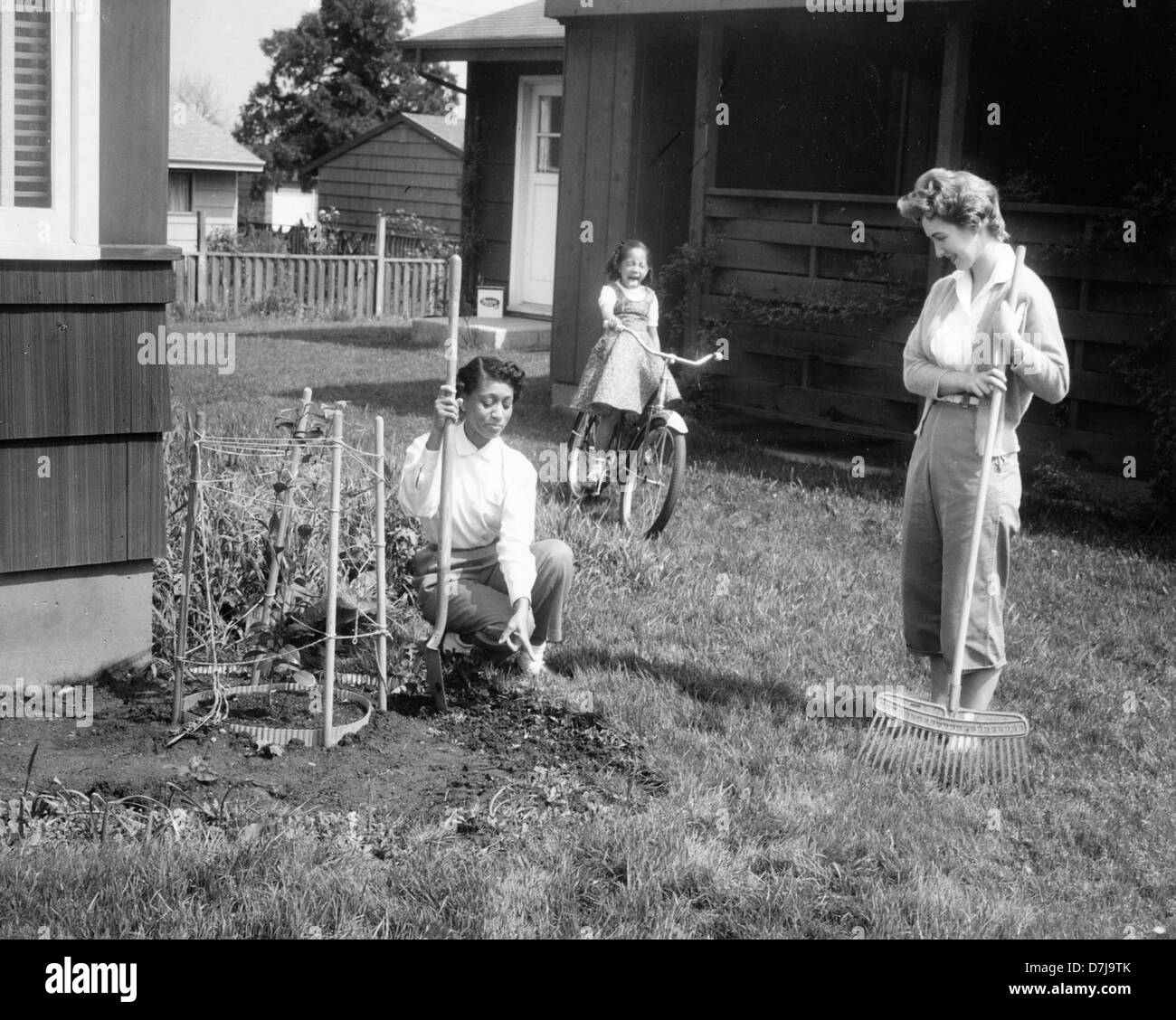 Questa fotografia del 1958 raffigura i vicini di North Portland che condividono consigli per il giardinaggio. La foto cattura lo spirito comune e la cultura del giardinaggio domestico della metà del XX secolo. Foto Stock