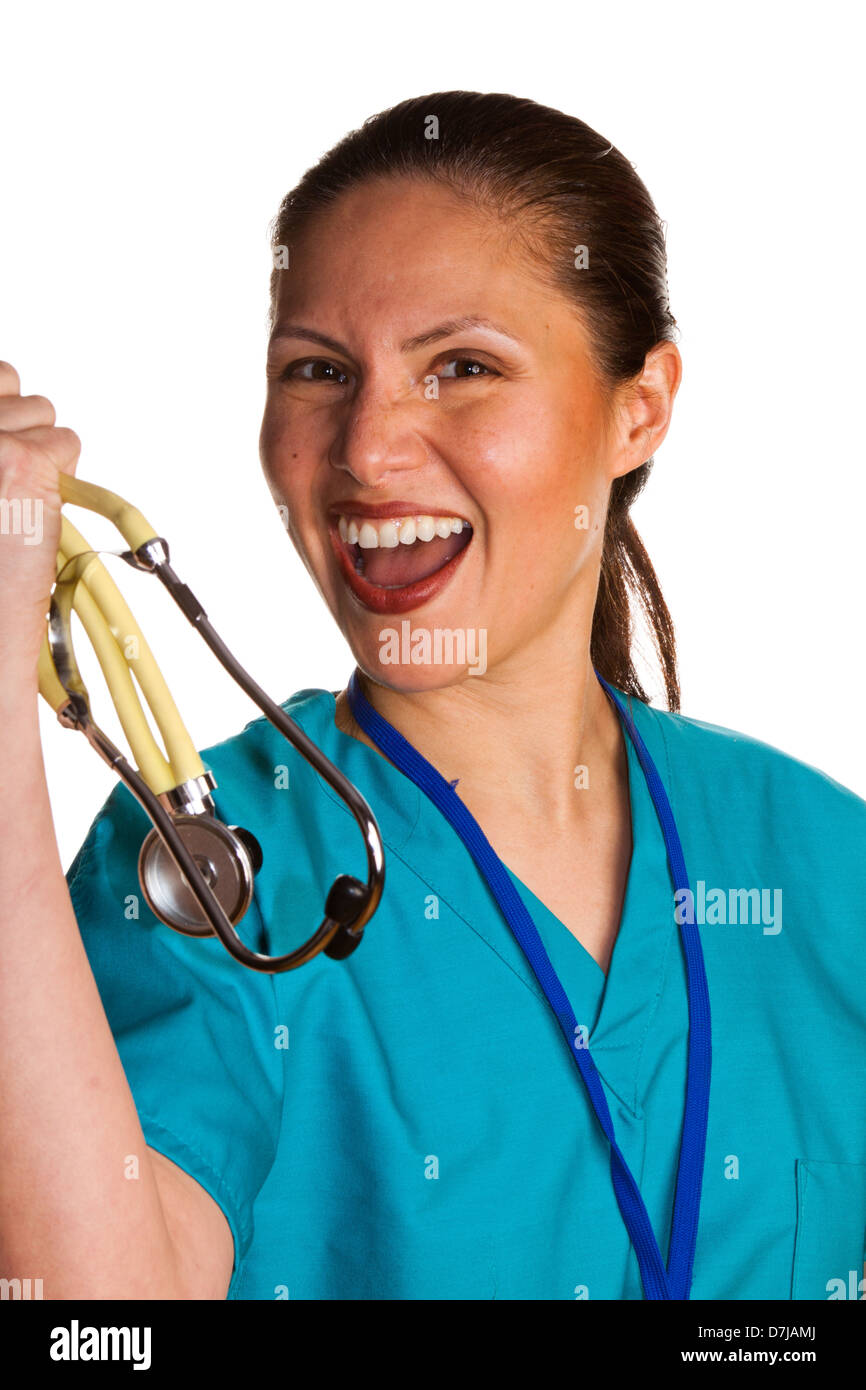 Ritratto di infermiera in scrub top con stetoscopio in allegria. Felice Foto Stock