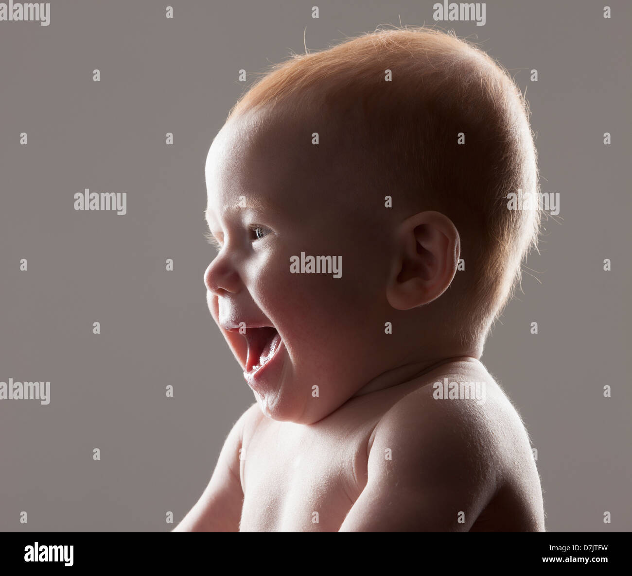 Studio shot ritratto di baby boy (18-23 mesi) ridere Foto Stock
