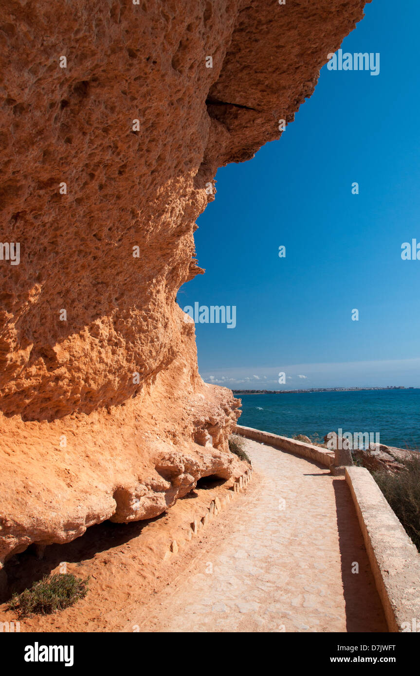 Percorso a piedi la curvatura lungo il mare Mediterraneo. Cabo Roig, Costa Blanca, Spagna Foto Stock
