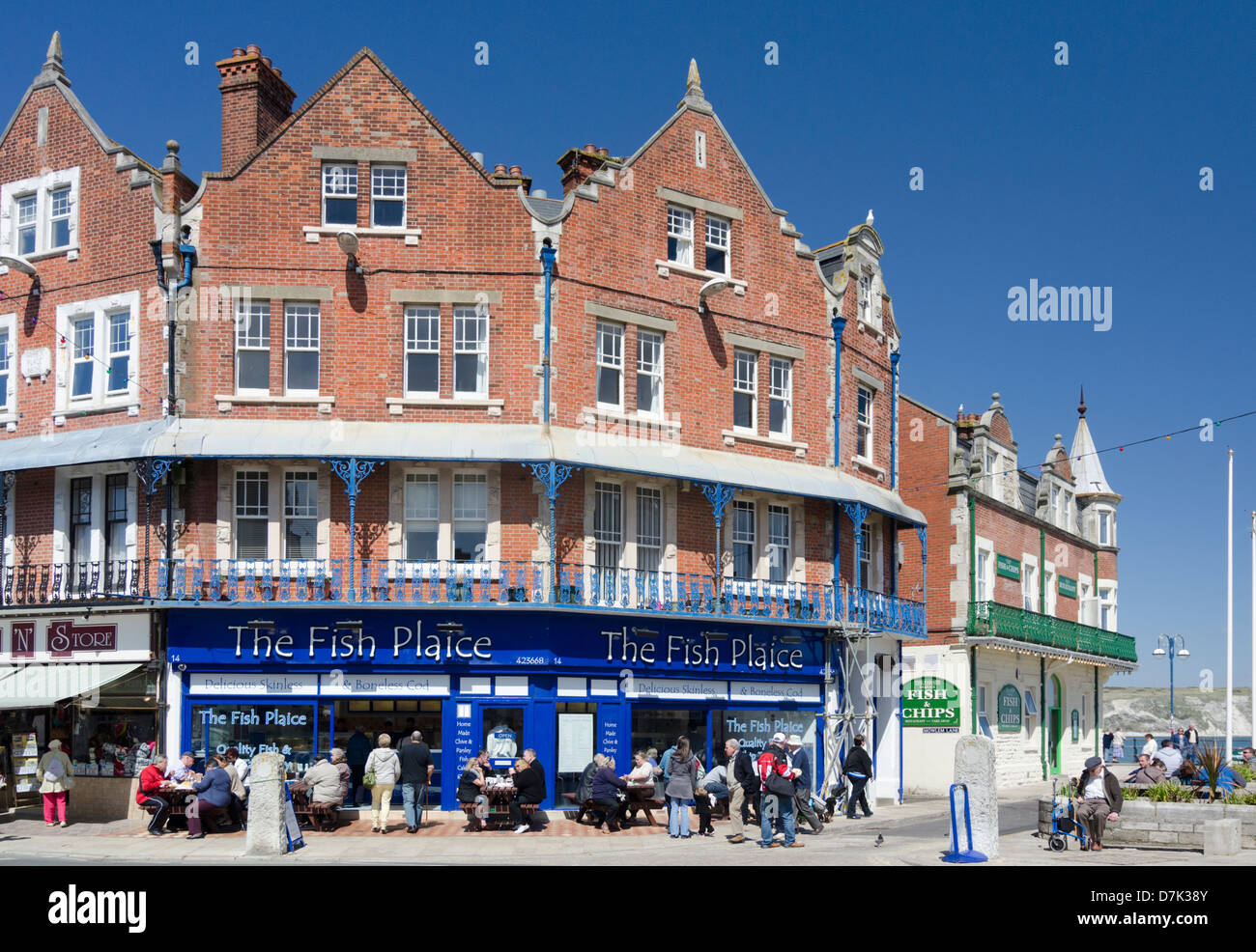 Il pesce passera di mare Pesce e Chip shop Swanage Dorset Foto Stock