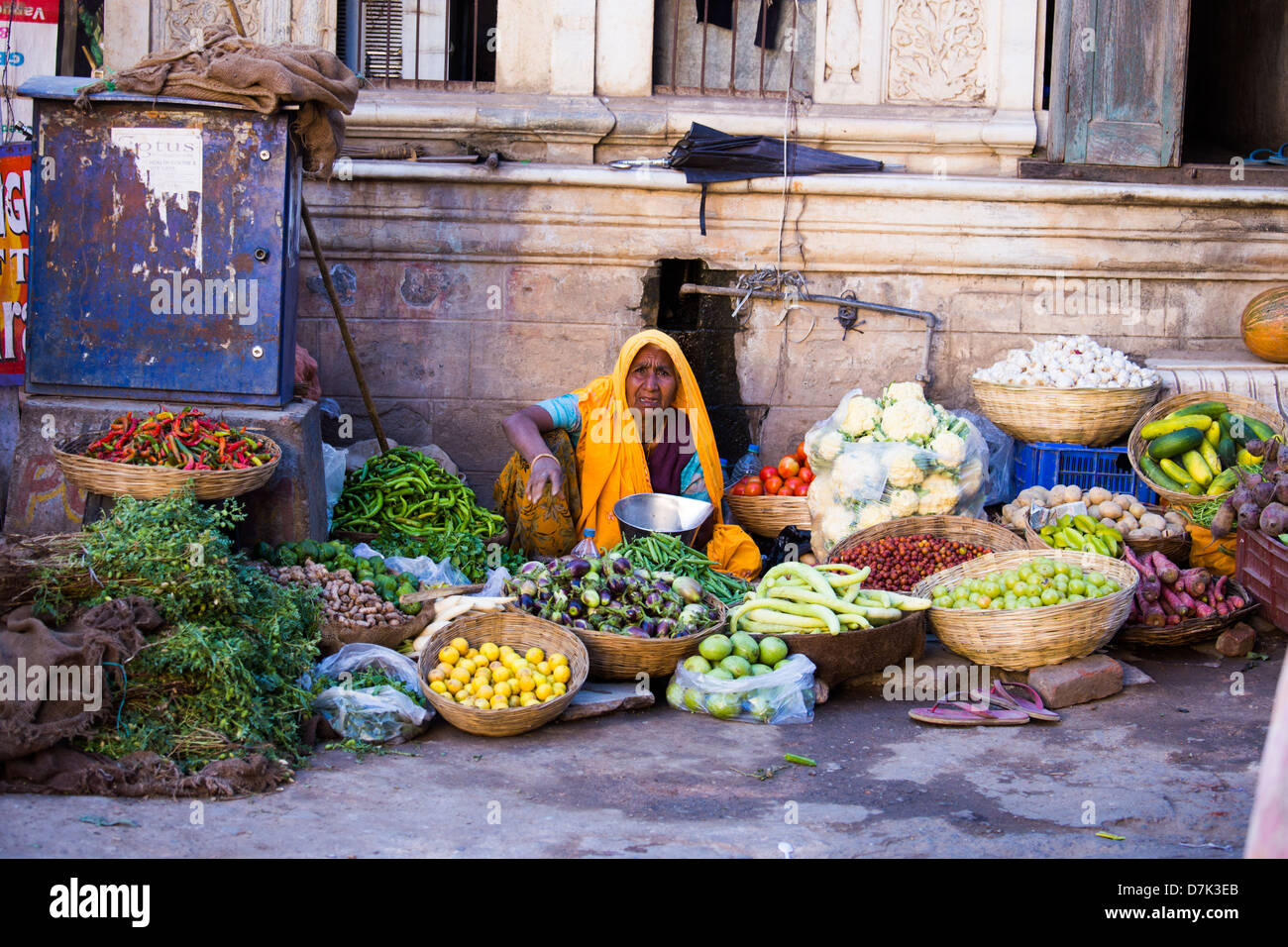 Donna vendita di ortaggi di Pushkar, India Foto Stock