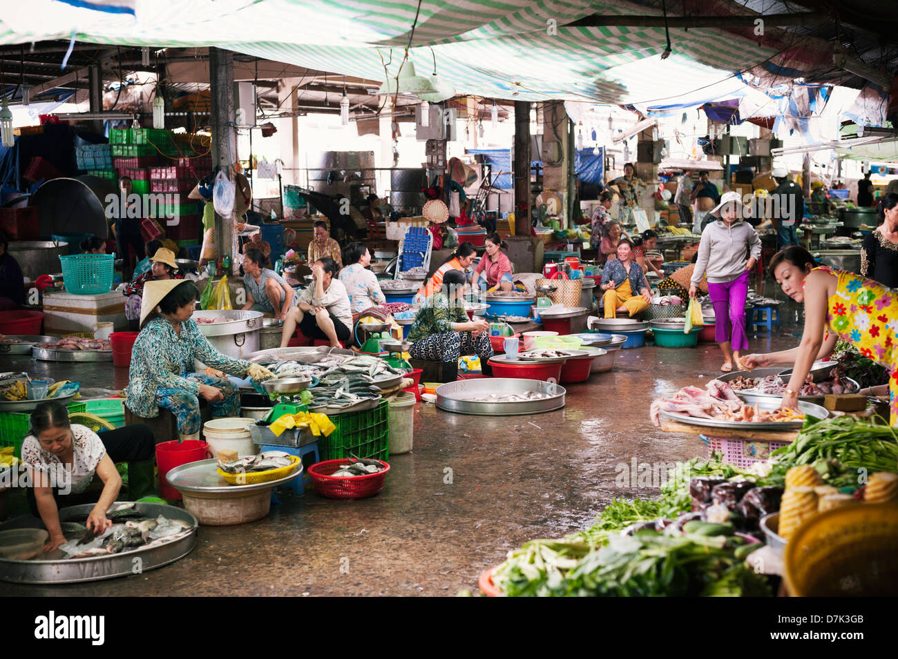 Pesce fresco e altri piatti di pesce per la vendita su un mercato coperto nel Delta del Mekong, Vietnam Foto Stock