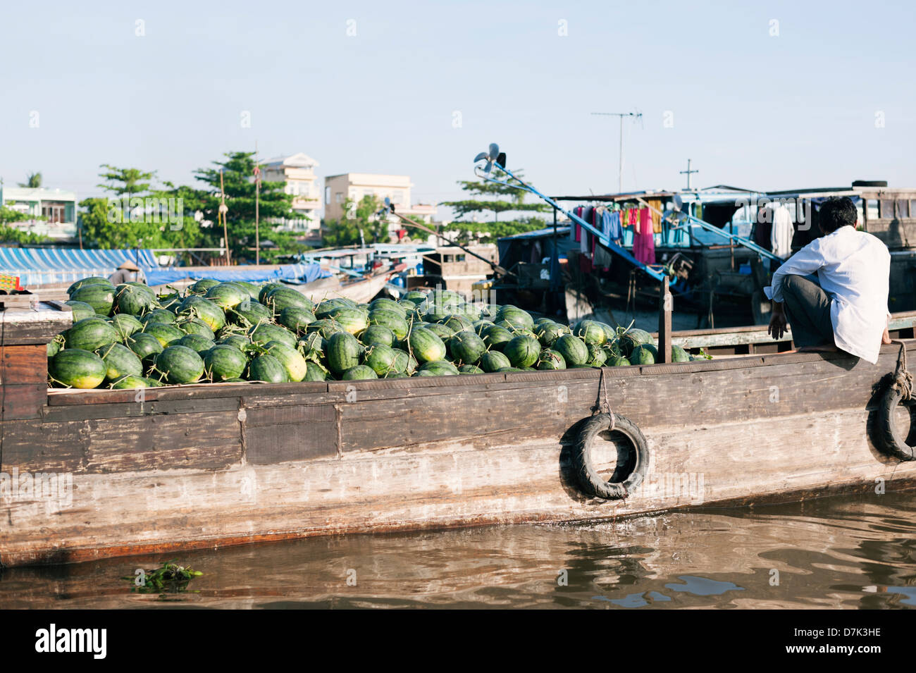 Can Tho, Vietnam - mercato galleggiante a Can Tho nel Delta del Mekong - cocomeri Foto Stock