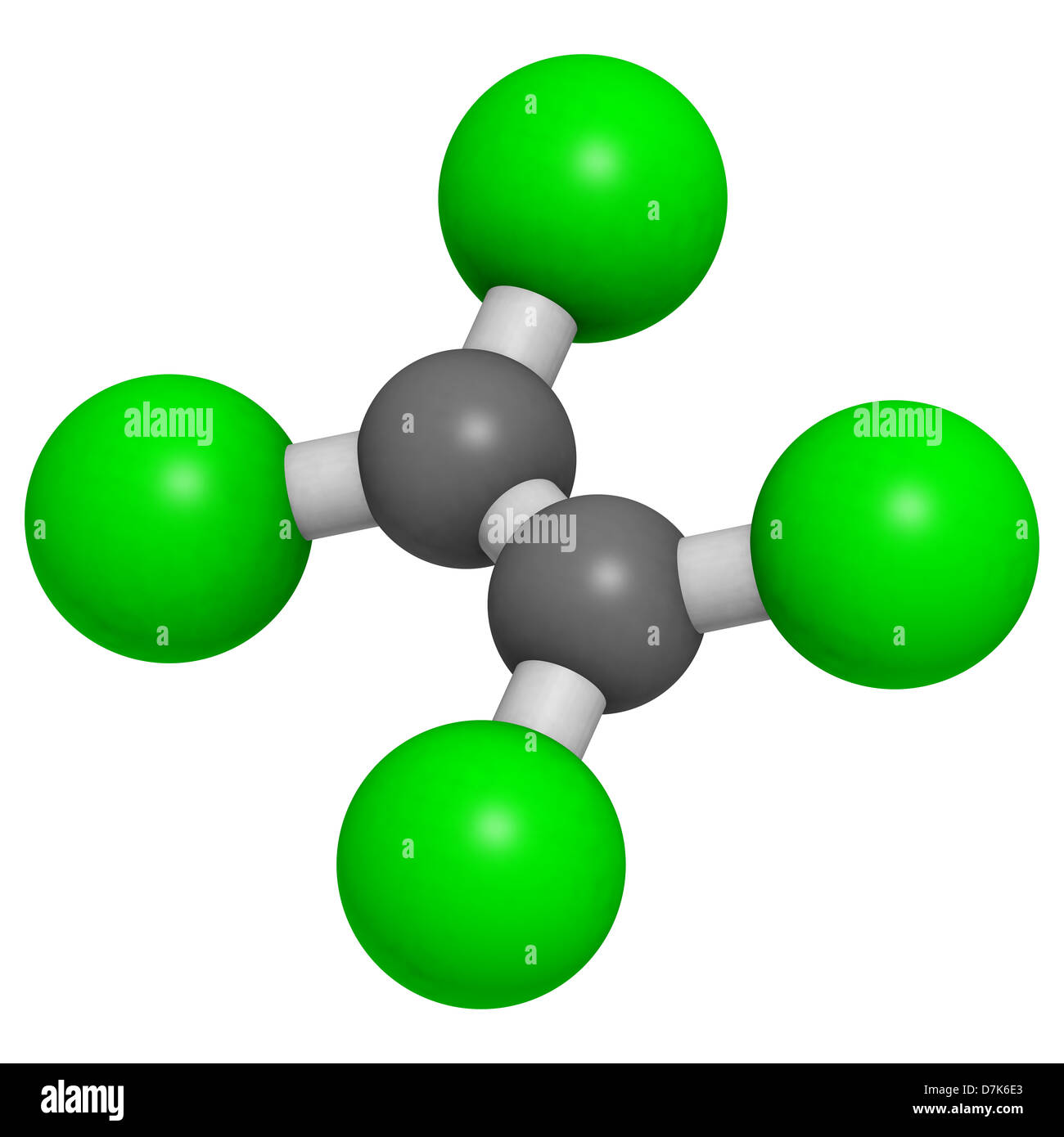 Il percloroetilene (tetracloroetilene) la pulitura a secco di solvente, modello molecolare. Gli atomi sono rappresentati come sfere. Foto Stock