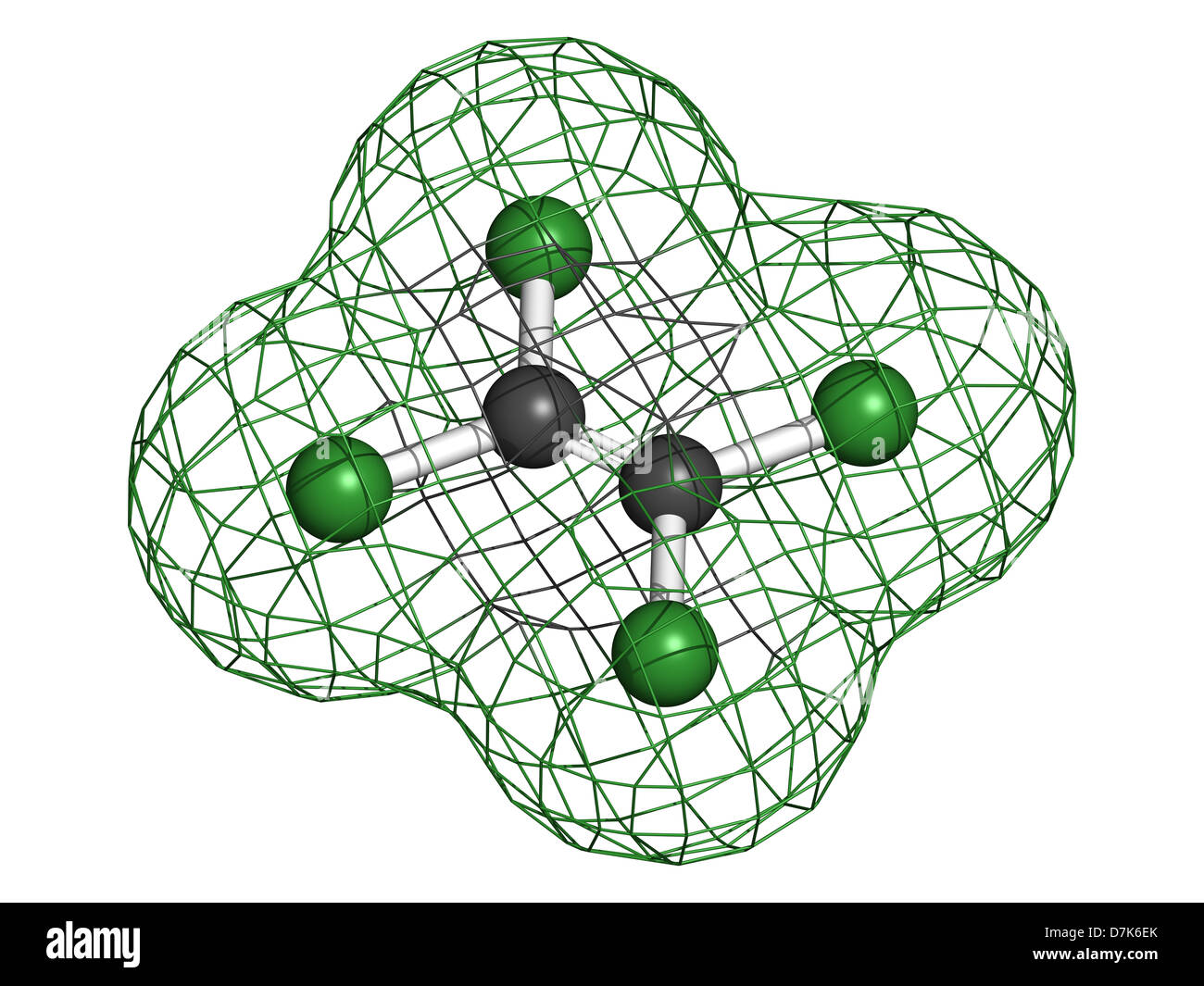 Il percloroetilene (tetracloroetilene) la pulitura a secco di solvente, modello molecolare. Gli atomi sono rappresentati come sfere. Foto Stock